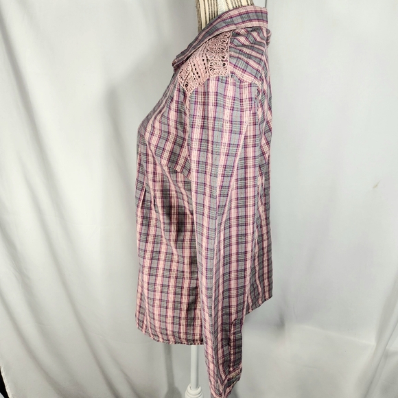 Route 66 Multi Plaid Pink Lace Shoulders Long Sleeve Button Down Top Sz XLarge - Picture 4 of 10